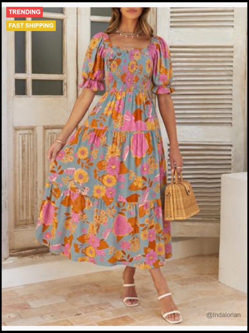 Boho Floral Print Square Neck Ruffle Swing Beach Maxi Dress - Picture 5 of 7